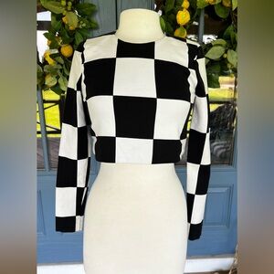 ZARA Black and White Checkered Long Sleeve Top